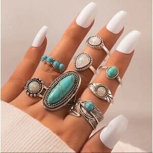 TURQUOISE Bohemian 8 PC Ring Set Native Navajo Choctaw Western Boho NEW
